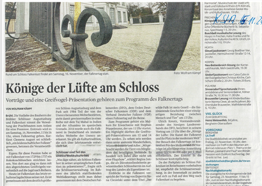 Ankündigung des Weltfalknertags auf Schloss Falkenlust, Kölner Stadtanzeiger, 05.11.2024