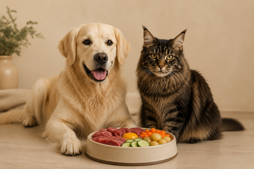 Hund und Katze mit ausgewogener Mahlzeit als Symbol für die Rationsberechnung gesunder Tiere.