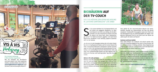 Veröffentlichung in der Vis á Vis Heimatmagazin- Merkur, No. 37 vom Juli/August 2021 "Biobäuerin auf der TV-Couch"