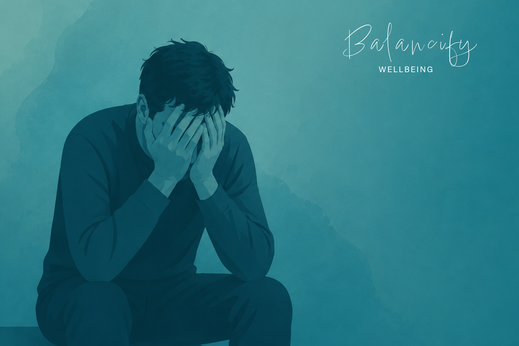 Minimalistische Illustration einer erschöpften Person mit den Händen vor dem Gesicht in Petrol und Türkistönen als Symbol für Burnout, Stress und emotionale Erschöpfung.