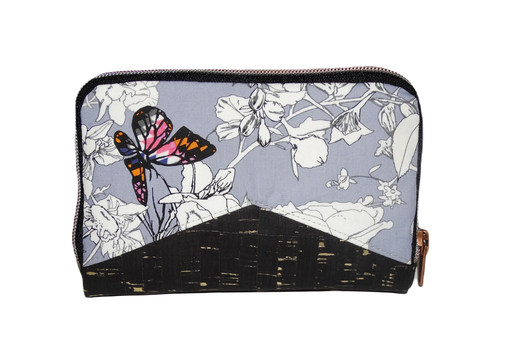 Portefeuille femme fermeture zippée, en liège noir et doré, tissu gris fleuri avec des papillons colorés, 9 porte-cartes, idée cadeau femme original et pratique, fête des mères
