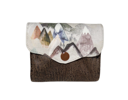 Petit porte-monnaie  accordéon homme, faux cuir taupe,  tissu beige motif montagnes outdoor nature 3 compartiments, porte-cartes cadeau homme Noël