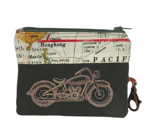 porte-monnaie homme avec mousqueton porte-clé broderie moto, carte mappemonde