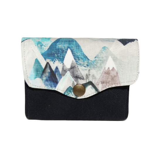 petit porte-monnaie accordéon homme, tissu montagne, paysage, nature, outdoor , toile bleu marine,  3 compartiments, porte-cartes, cadeau homme