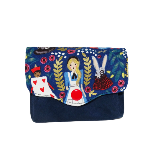 Porte-monnaie femme accordéon 3 compartiments porte-cartes tissu Alice au pays des merveilles bleu marine  suédine bleu marine cadeau Noël femme