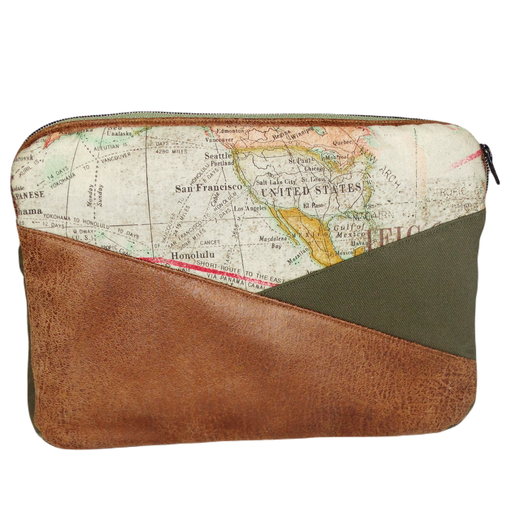 housse de protection pour tablette 10 pouces ou I pad, faux cuir camel, tissu beige imprimé mappemonde, cadeau homme original et pratique, aventure voyage
