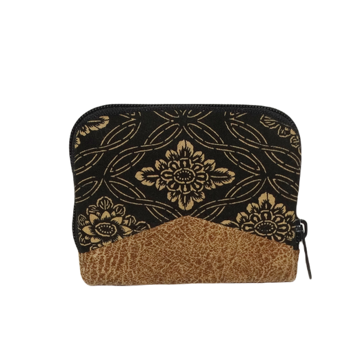 portefeuille minimaliste zippé pour homme, tissu noir avec avec un motif floral, faux cuir ocre, porte-cartes , mini portefeuille, cadeau de Noël homme