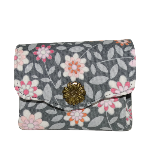 Porte-monnaie femme accordéon, 3 compartiments porte-cartes, tissu gris avec des fleurs pastels, porte-monnaie mignon
