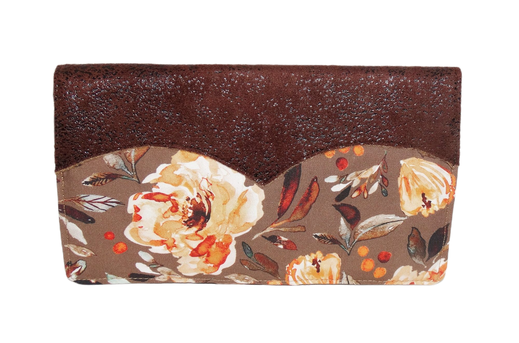 Porte-chéquier femme  faux cuir marron tissu beige fleurs automnal automne