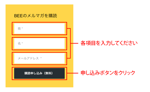 １．登録情報を入力してボタン『購読申し込み（無料）』をクリックします。1）各項目を入力　2）申し込みボタンをクリック