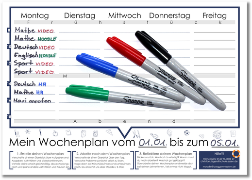 Schritt 1: Erstelle dir mit Hilfe deines Stundenplans einen Wochenplan für den Distanzunterricht. 