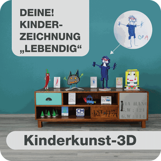 Banner mit Schriftzug "DEINE! KINDERZEICHNUNG "LEBENDIG". Mehrere Beispiele auf einem Sideboard, für Kinderkunst 3D.
