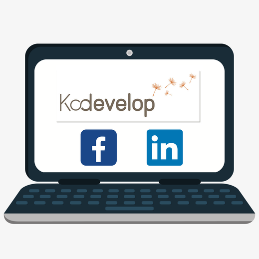 Ordinateur avec logo de Kodevelop, logo de Facebook, et logo de Linkedin