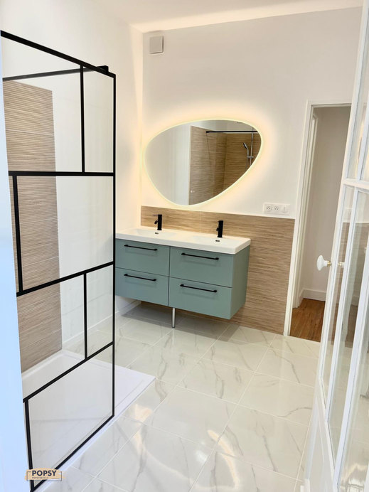 rénovation maison popsy deco architecte d'intérieur bordeaux décoratrice salle de bain vert d'eau mint bois verriere marbre
