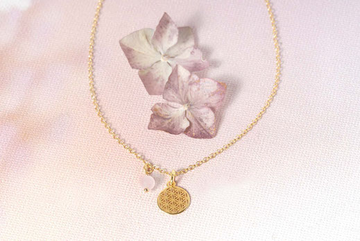 Flower of Life mit Rosenquarz Perle, Halskette