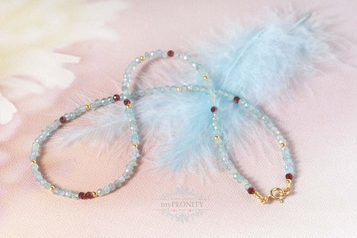Aquamarin Halskette mit Granat, Schmuckset, mypeonity, 
