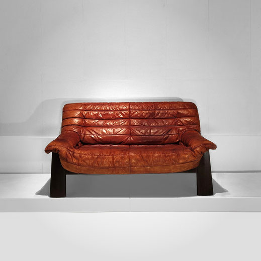  Probell, Jean Gillon Attr.  Two-seater Brutalist Sofa  Tauari Wood, Foam, Leather  Brazil, c.1970 