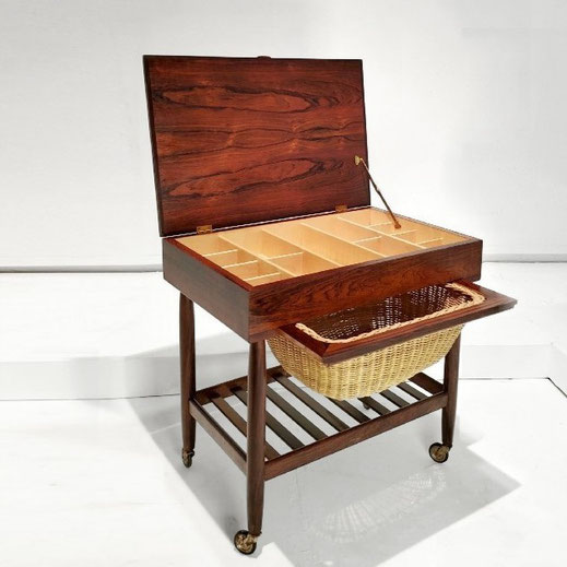 Ejvind Johansson  Embroidery / Needling Table, Mfd. FDB Møbler  Brass, Wicker, Birch, Rosewood  Denmark, 1957   