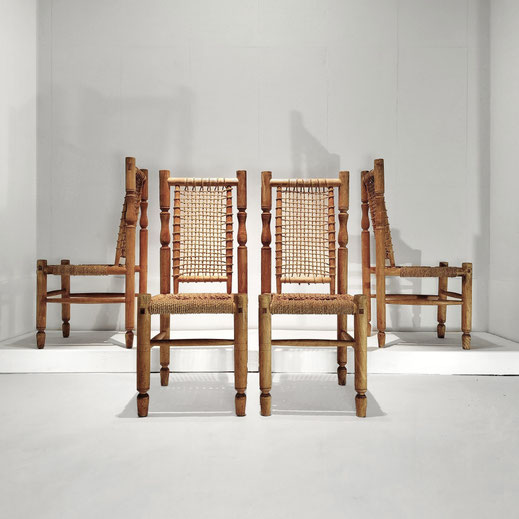 Adrien Audoux & Frida Minnet Set of Four Dining Chairs  Bentwood, Hemp Rope, France, C.1950 PN.Modern pnmodern.com