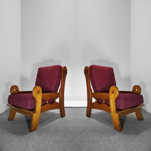 Belgian Brutalist Oak Armchairs, Hand-carved Craftsmanship With Violet Chanel Tweed, c.1970s PN.Modern pnmodern.com