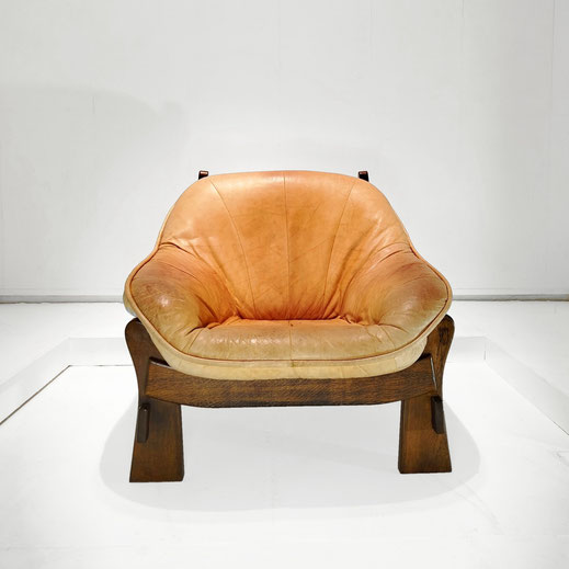 Maison Regain  Brutalist Armchair   Oak, Cotton Duck, Leather  France, 1970s - PN.Modern pnmodern