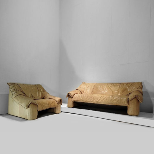 Salotti Natuzzi Postmodern Lounge Chair, Two-Seater Sofa in Beige Leather, Italy, c.1980 PN.Modern pnmodern.com