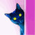 Eine blau-schwarze Katze mit gelben Augen schaut aufmerksam hinter einer Art pinken Vorhang hervor (gezeichnet bzw. gemalt).