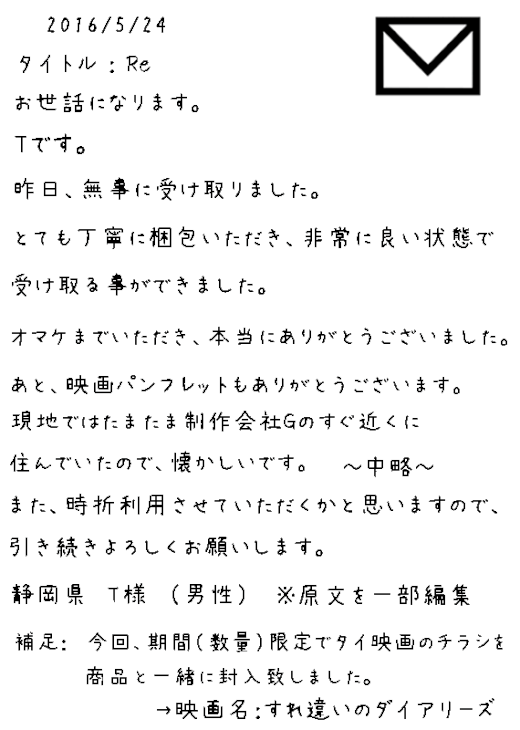 静岡県 T様　（男性）から頂戴したメール