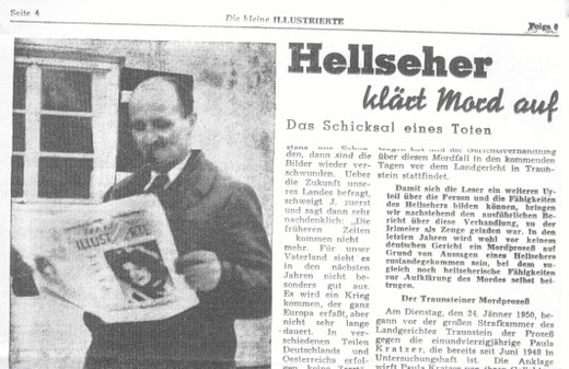 Zeitungsausschnitt über Alois Irlmaier, Titel: "Hellseher klärt Mord auf" aus: Kleine lllustrierte, Jahrgang 1950