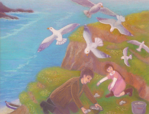 Gathering the seagull eggs 42.5cmx52.5cm 
