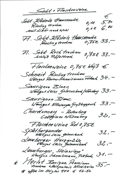 Getränkekarte: Sekt, Flaschenweine weiß und rot