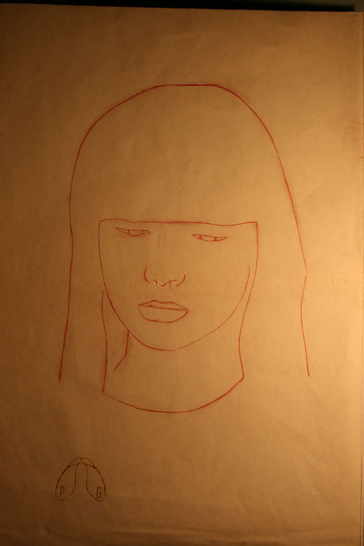 8 MARZO (LAPIDAZIONE) "RED SHOES" Studio del volto. Disegno a penna su carta 50x37,5