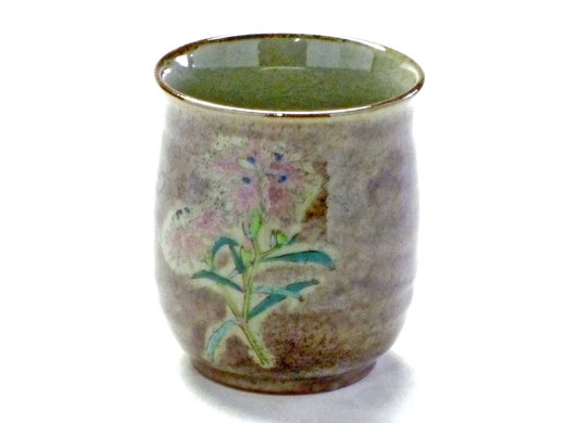 九谷焼【お湯呑】大 紫塗り なでしこ【裏絵】