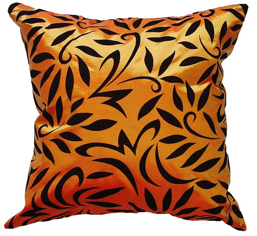 タイシルク クッションカバー 　バンコク リーフ デザイン  オレンジ   【Bangkok Leaf Design , Orange】 45×45cm 対応 01