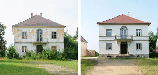 Die Fassade des Gutsherrenhauses, Karlshof Ellingen, vor und nach der Sanierung - die hervorragend gelungene Sanierung einer denkmalgeschützten Immobilie. 