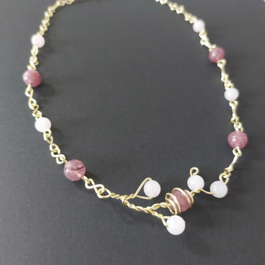 Collier or lépidolites quartz rose fait main l' Arche de Jessica