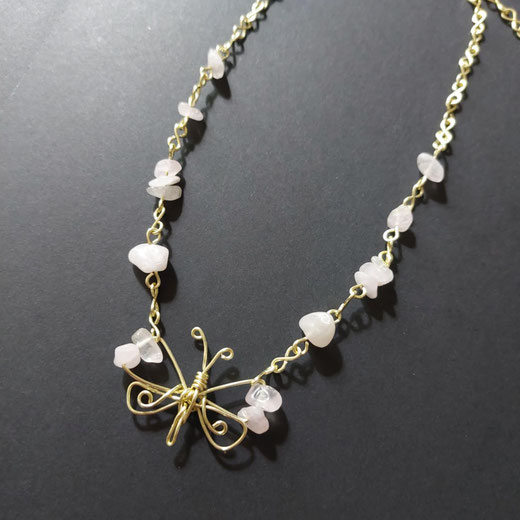 Collier papillon quartz rose or fait main l' Arche de Jessica