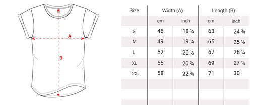 Größentabelle für Woihesse Damen-Shirts – Maße und Größenangaben für XS, S, M, L, XL, XXL zur optimalen Passform, nachhaltig veredelt in Rheinhessen.