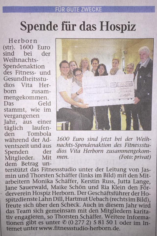 Zeitungsartikel Spendenaktion des Fitnessstudio Vita Herborn an den Förderverein Hospitz Herborn e.V. über 1600 Euro