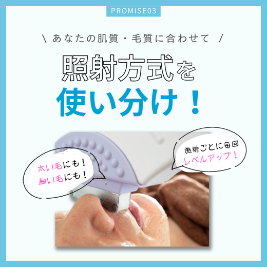 あなたの肌質・毛質に合わせて照射方式を使い分け！太い毛にも！細い毛にも！施術ごとに毎回レベルアップ