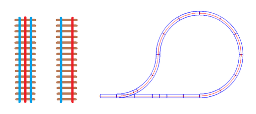 Links: Vergleich 3 Schienen 2 Leiter zu 2 Schienen 2 Leiter. Rechts eine Kehrschleife mit dem 3 Schienen Gleis und dem dadurch unproblematischen Aufeinandertreffen der Außenschienen.