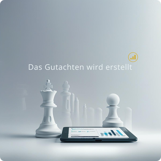 Grafik: Schachfiguren im Hintergrund. Ein Tablet mit Diagramme liegt auf einem Tisch. Text im Bild: Das Gutachten wird erstellt.