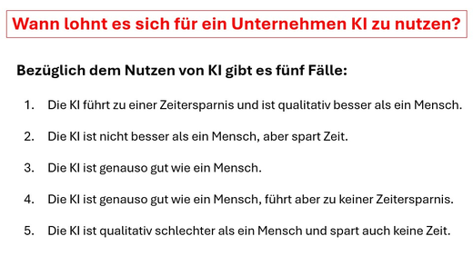 Wann lohnt es sich KI einzusetzen - fünf Fälle - KI spart Zeit, schneller und qualitativ besser - genauso gut - langsamer, spart keine Zeit - qualitativ schlechter als ein Mensch - www.learn-study-work.org