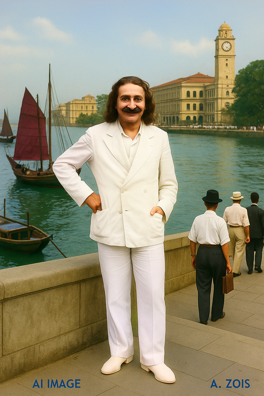 This is a AI produced image depicting Meher Baba in Colombo, Ceylon (Br.) , based on Baba's photo taken in Nanking, China in 1932. Image produced by Anthony Zois.