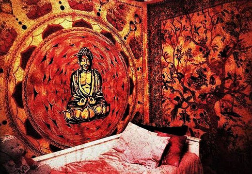 Indische Wandtücher mit Buddha und Lebensbaum in orange und rot