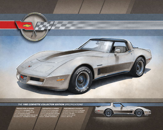 The printed drawing of the 1982 Corvette Collector Edition in the 16x20-inch format