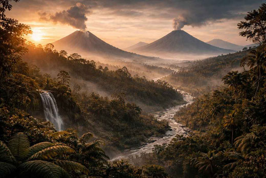 Dramatic sunrise over Java's volcanoes