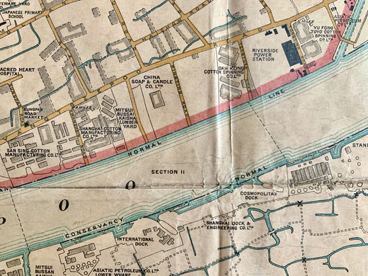 "Plan of Shanghai" 1928 map snippet showing the China Soap Candle Co. Ltd. factory on the Yangpoo river (map from the collection of the M.O.F.B.A.)
