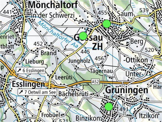 In Gossau sind zwei 5G-Antennen aktiv, in Grüningen eine. Bild: Geo-Karte vom BAKOM