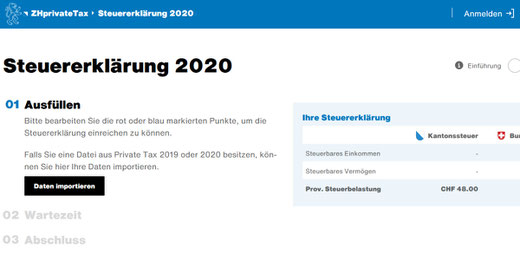 Neu kann die Steuererklärung im Kanton Zürich komplett digital eingereicht werden. Bild: Screenshot ZHprivateTax2020